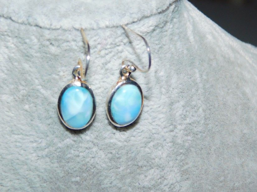 Cercei  argint, piatra mare  larimar,   tortite libere,  noi,  republica dominicana
