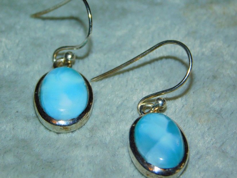 Cercei  argint, piatra mare  larimar,   tortite libere,  noi,  republica dominicana