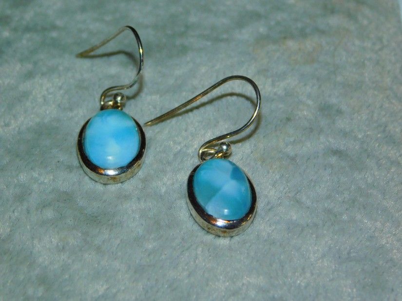 Cercei  argint, piatra mare  larimar,   tortite libere,  noi,  republica dominicana