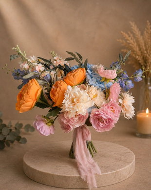 Buchet mireasă boho multicolor din flori artificiale premium  Legământ de Vară