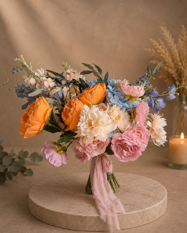 Buchet mireasă boho multicolor din flori artificiale premium Legământ de Vară