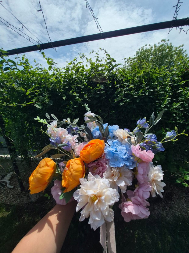 Buchet mireasă boho multicolor din flori artificiale premium Legământ de Vară