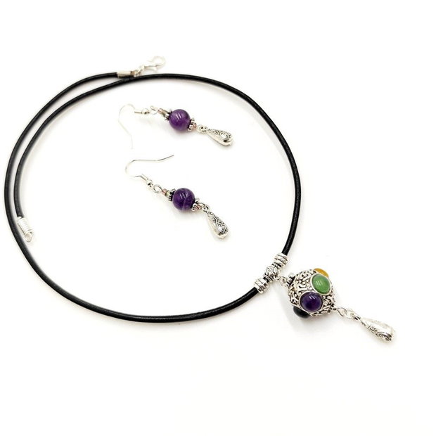 Set colier pandantiv multicolor si cercei cu ametist, 4667