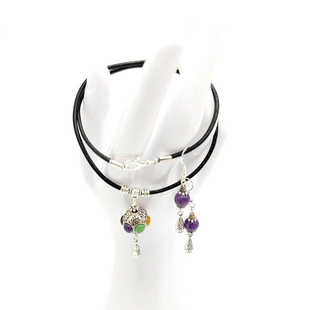 Set colier pandantiv multicolor si cercei cu ametist, 4667