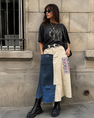 Fustǎ reinventatǎ din jeans cu materiale reciclate, unicat