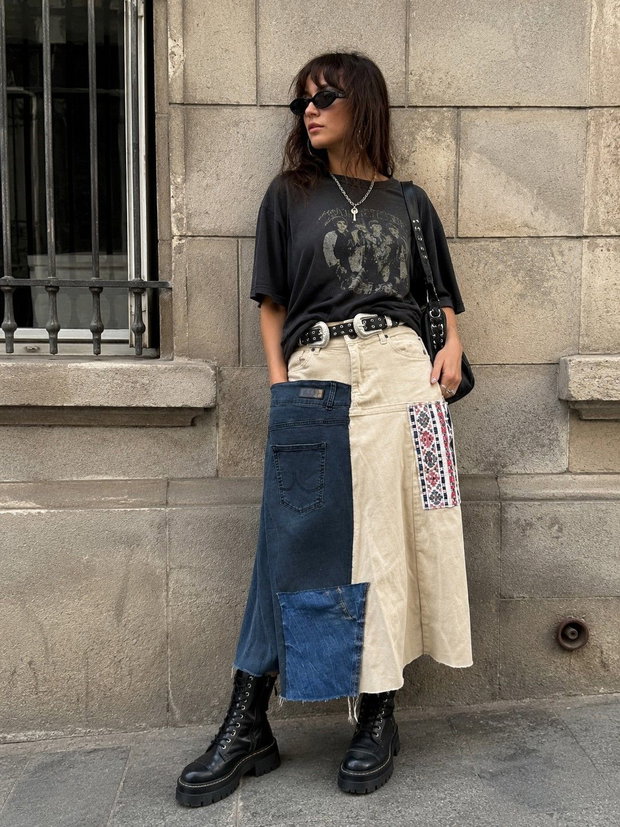 Fustǎ reinventatǎ din jeans cu materiale reciclate, unicat