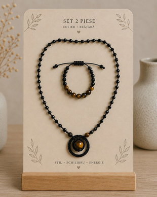 Set Duo Handmade - Colier cu Pandantiv Inelar și Brățară din Ochi de Tigru și Onix