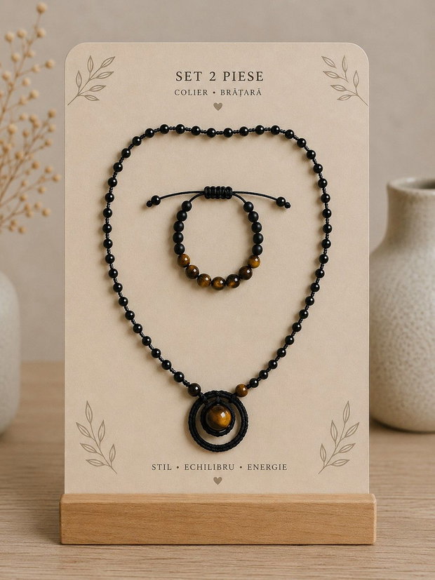 Set Duo Handmade - Colier cu Pandantiv Inelar și Brățară din Ochi de Tigru și Onix