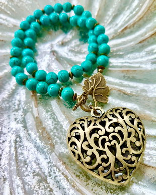 Colier vintage inima bronz & turcoaz