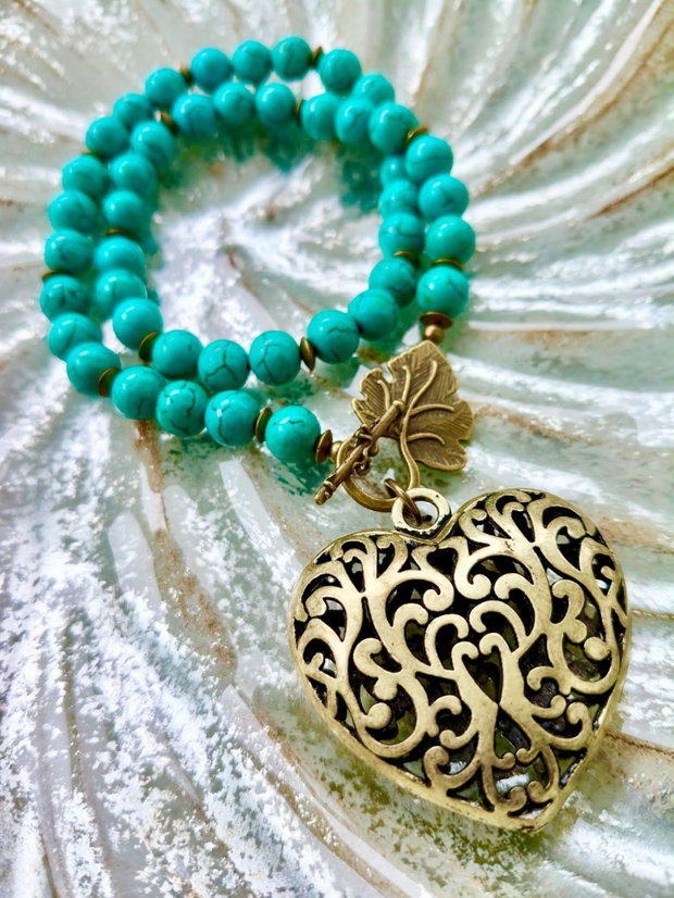 Colier vintage inima bronz & turcoaz