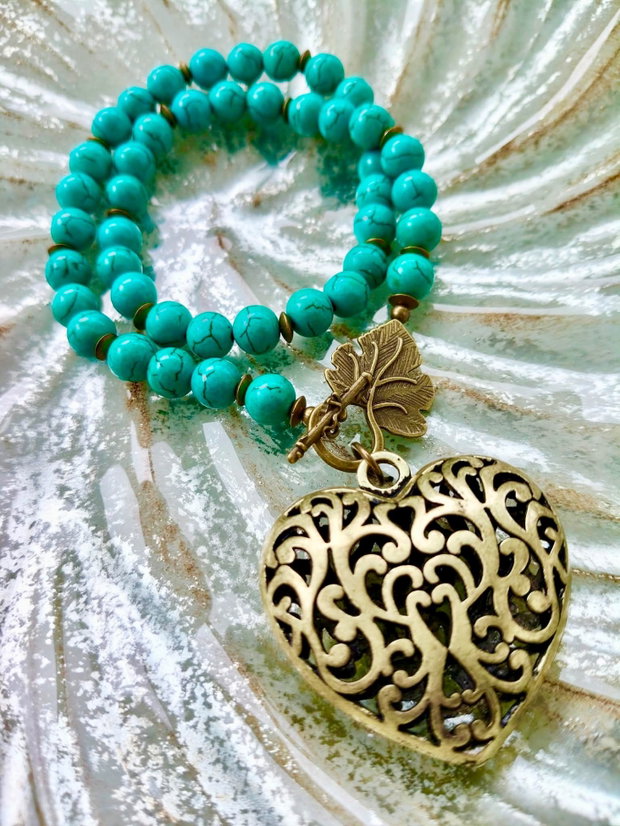 Colier vintage inima bronz & turcoaz