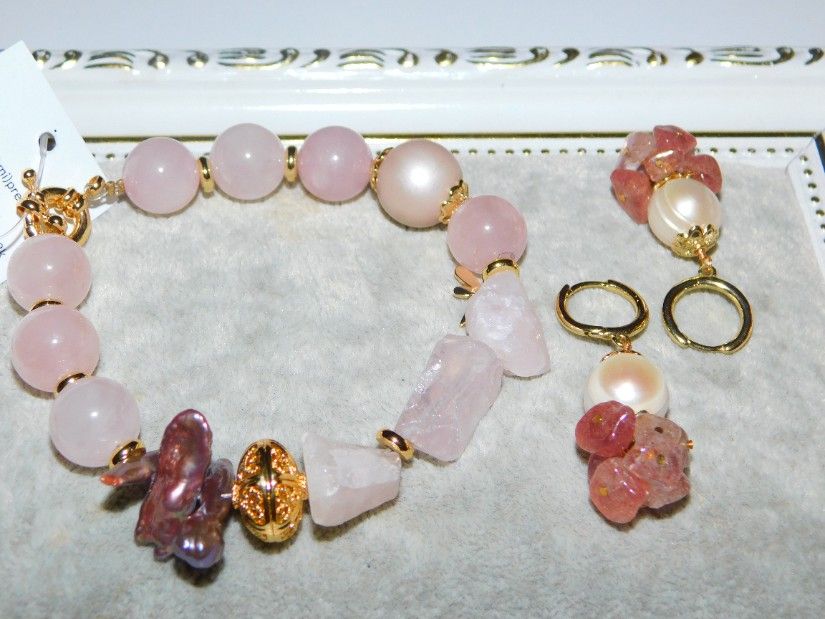 Set bratara cuart roz, noua, etichete atasate, cercei noi perla combionati cu cuart roz