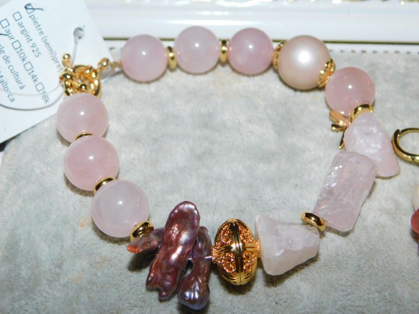 Set bratara cuart roz, noua, etichete atasate, cercei noi perla combionati cu cuart roz