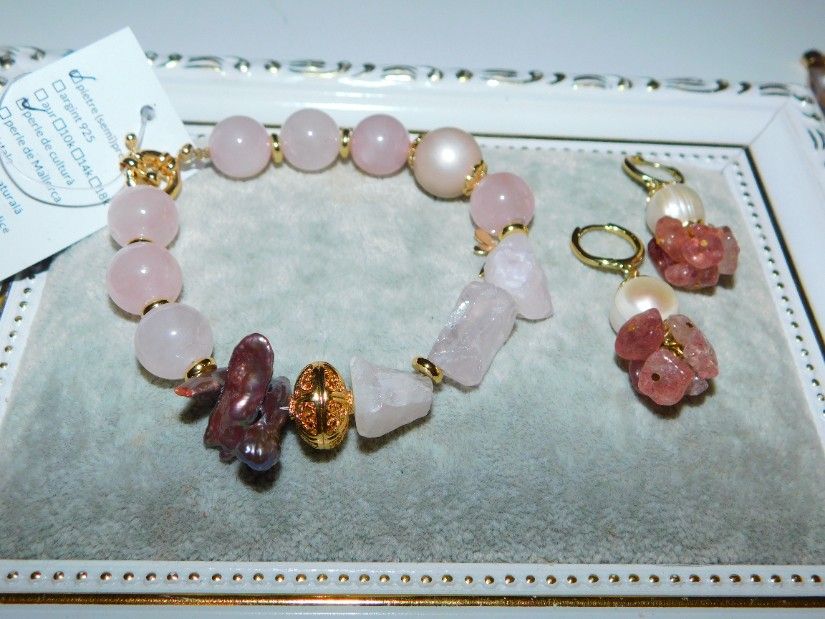 Set bratara cuart roz, noua, etichete atasate, cercei noi perla combionati cu cuart roz