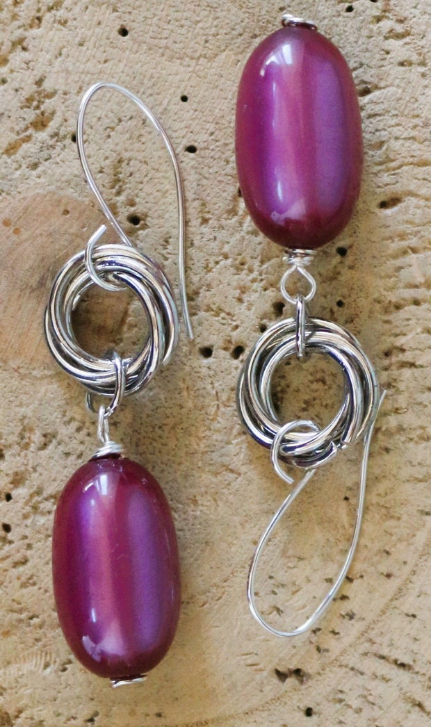 Cercei handmade din sarma si margele ochi de pisica