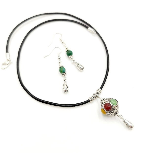 Set colier pandantiv multicolor si cercei cu jasp verde, 4668