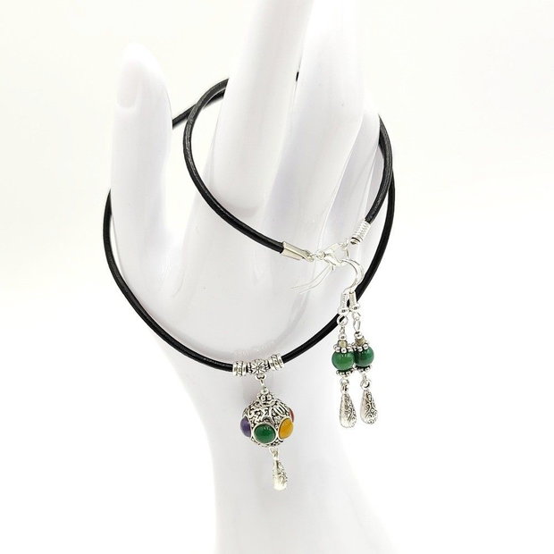 Set colier pandantiv multicolor si cercei cu jasp verde, 4668