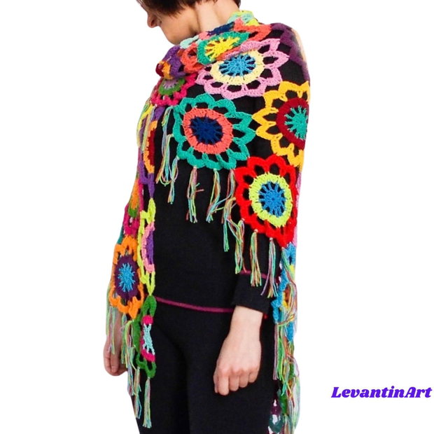 Sal cu flori multicolore. Sal dama boho, gipsy. Sal bumbac pentru femei
