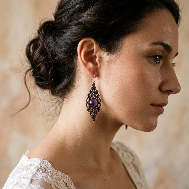 Cercei lungi micromacrame cu ametist