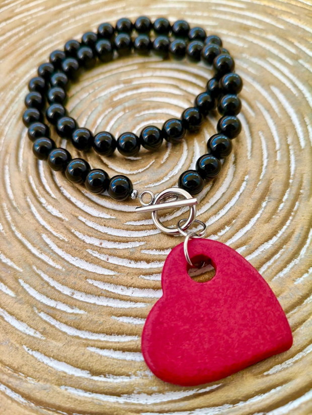 Colier onix negru & inima rosie