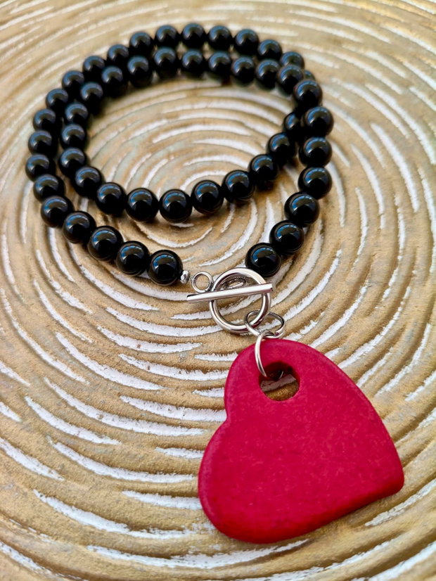 Colier onix negru & inima rosie