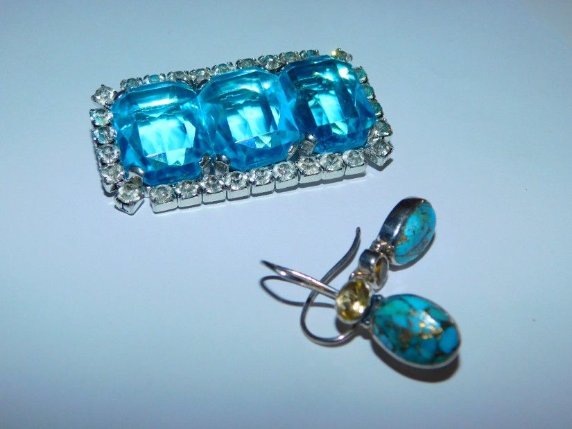 Brosa noua cristale masive Bohemia superbe, cercei noi argint turcoaze blue copper