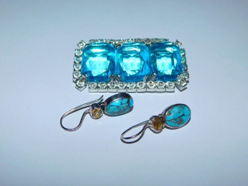 Brosa noua cristale masive Bohemia superbe, cercei noi argint turcoaze blue copper