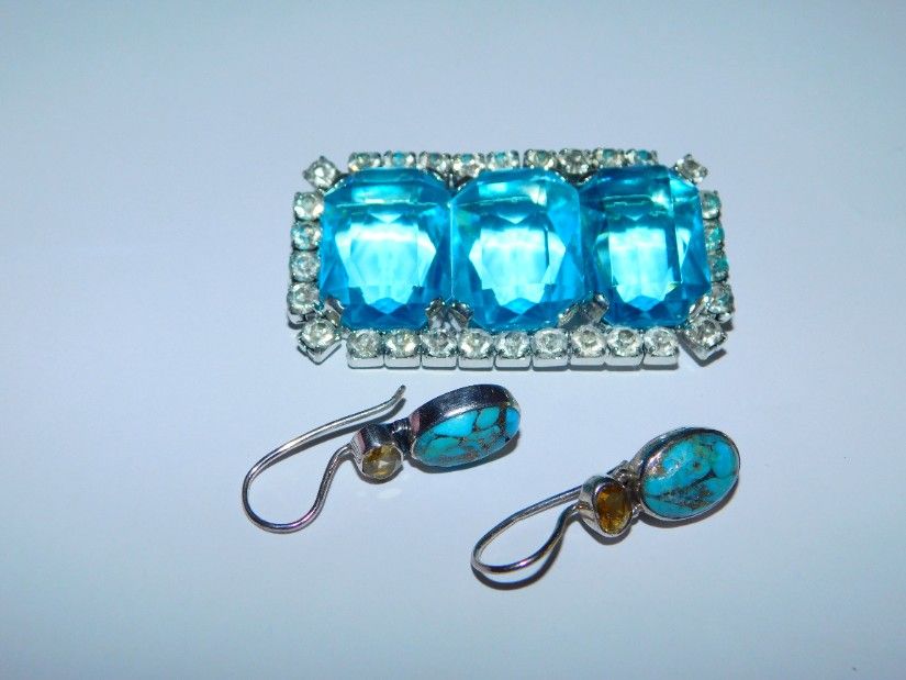 Brosa noua cristale masive Bohemia superbe, cercei noi argint turcoaze blue copper