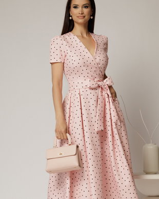 Rochie DY Fashion roz cu buline cu decolteu petrecut si cordon in talie