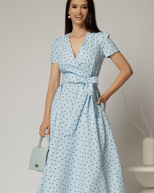 Rochie DY Fashion bleu cu buline cu decolteu petrecut si cordon in talie