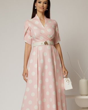 Rochie DY Fashion roz cu buline cu decolteu si maneci petrecute