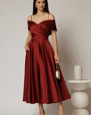Rochie midi bordo din tafta de ocazie cu umeri goi
