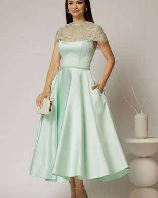 Rochie midi verde menta de ocazie din tafta cu dantela pe umeri
