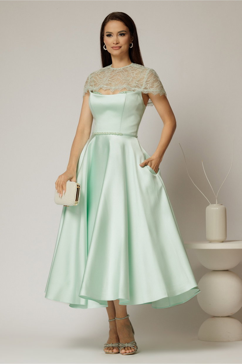 Rochie midi verde menta de ocazie din tafta cu dantela pe umeri