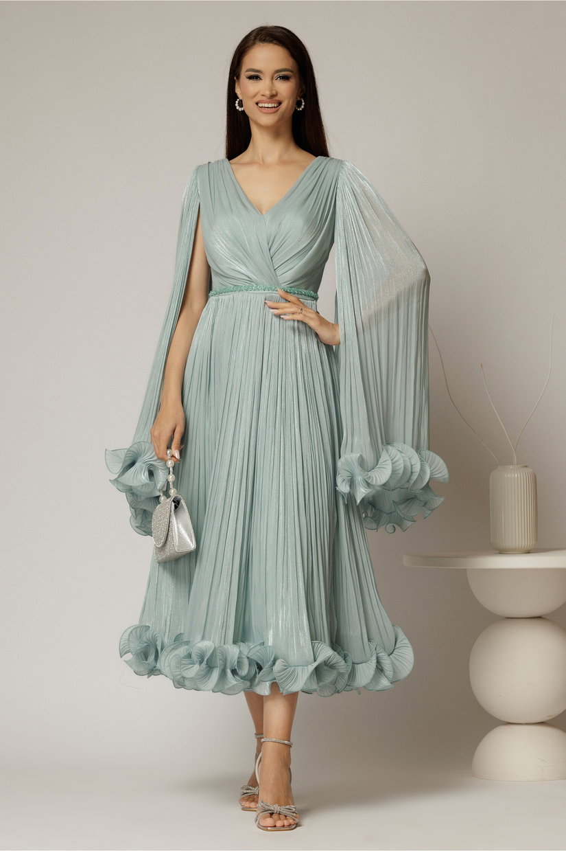 Rochie midi verde menta din voal satinat in clos cu maneci ample si curea din strasuri in talie