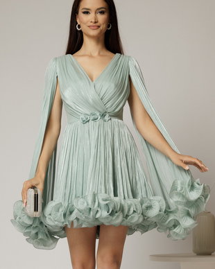 Rochie scurta verde menta de ocazie cu aplicatii florale pe talie din voal peliculizat
