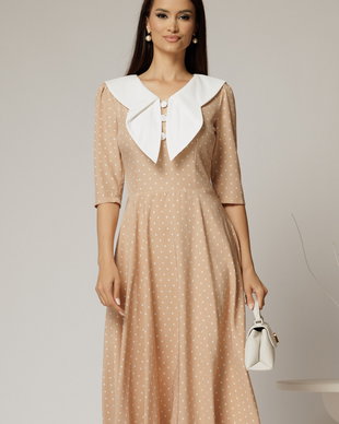 Rochie midi bej cu buline si guler amplu croi clos