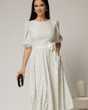 Rochie midi alba cu buline si cordon detasabil in talie