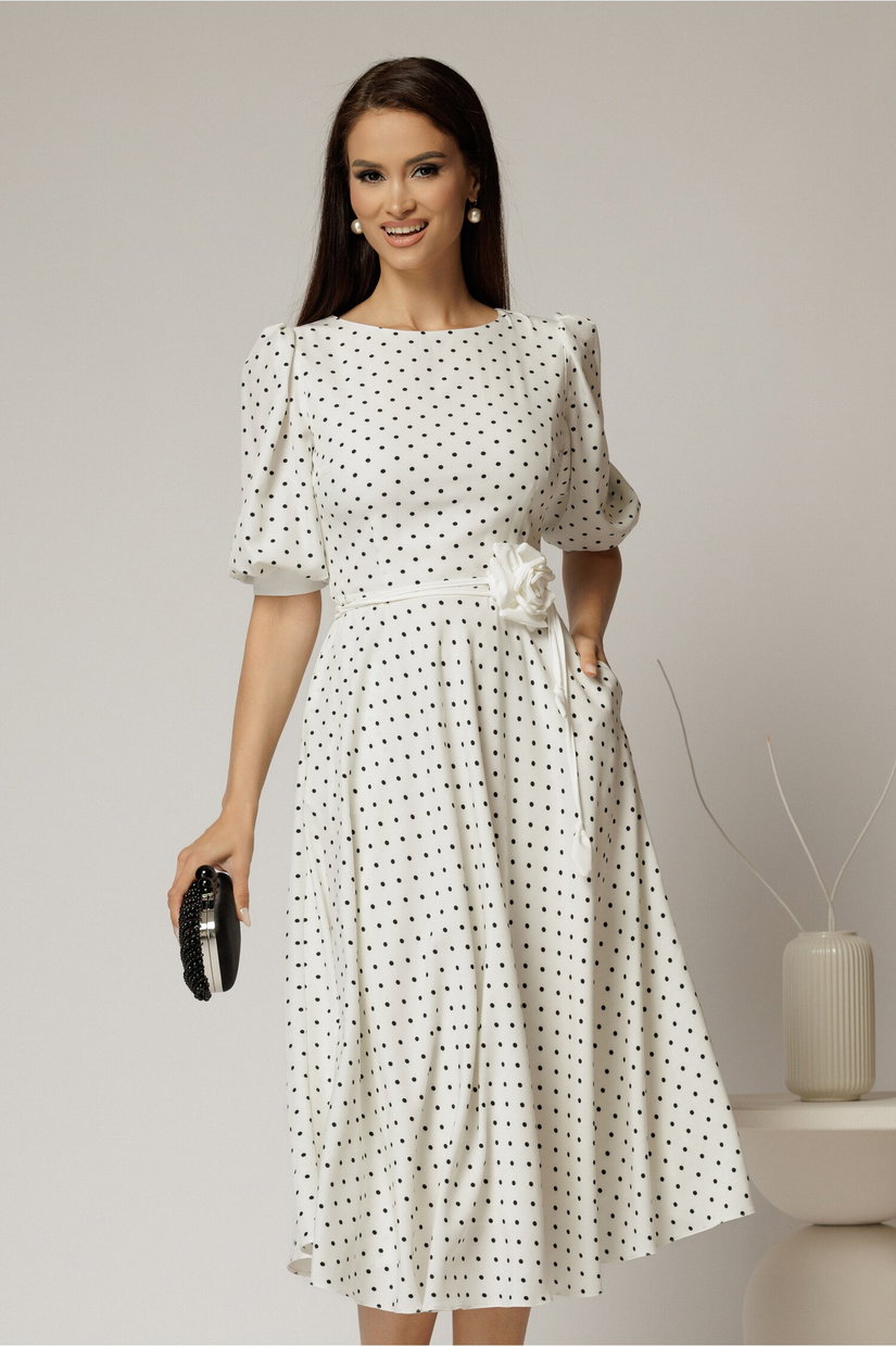 Rochie midi alba cu buline si cordon detasabil in talie