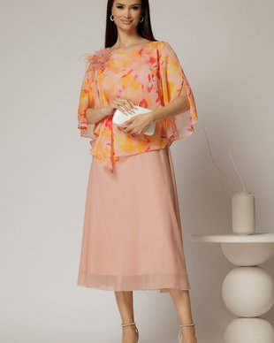 Rochie midi roz somon cu voal cu imprimeuri oranj