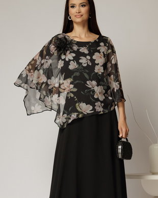 Rochie midi neagra cu voal cu imprimeuri bej