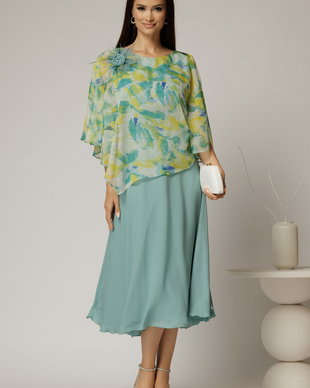 Rochie midi verde menta cu voal cu imprimeuri menta