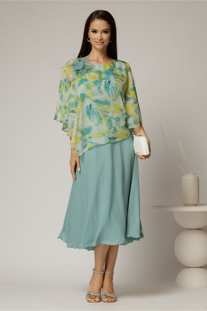 Rochie midi verde menta cu voal cu imprimeuri menta