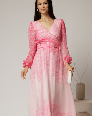 Rochie midi din voal roz cu imprimeuri fucsia si decolteu petrecut