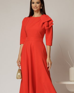 Rochie midi corai clos cu funda ampla pe umar si cordon detasabil