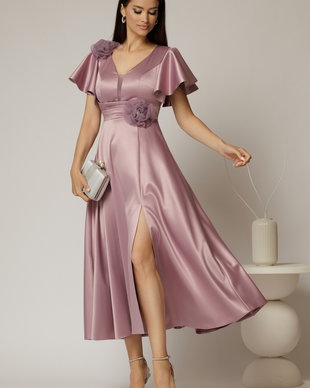 Rochie midi lila de ocazie din tafta cu maneci evazate si decolteu adanc