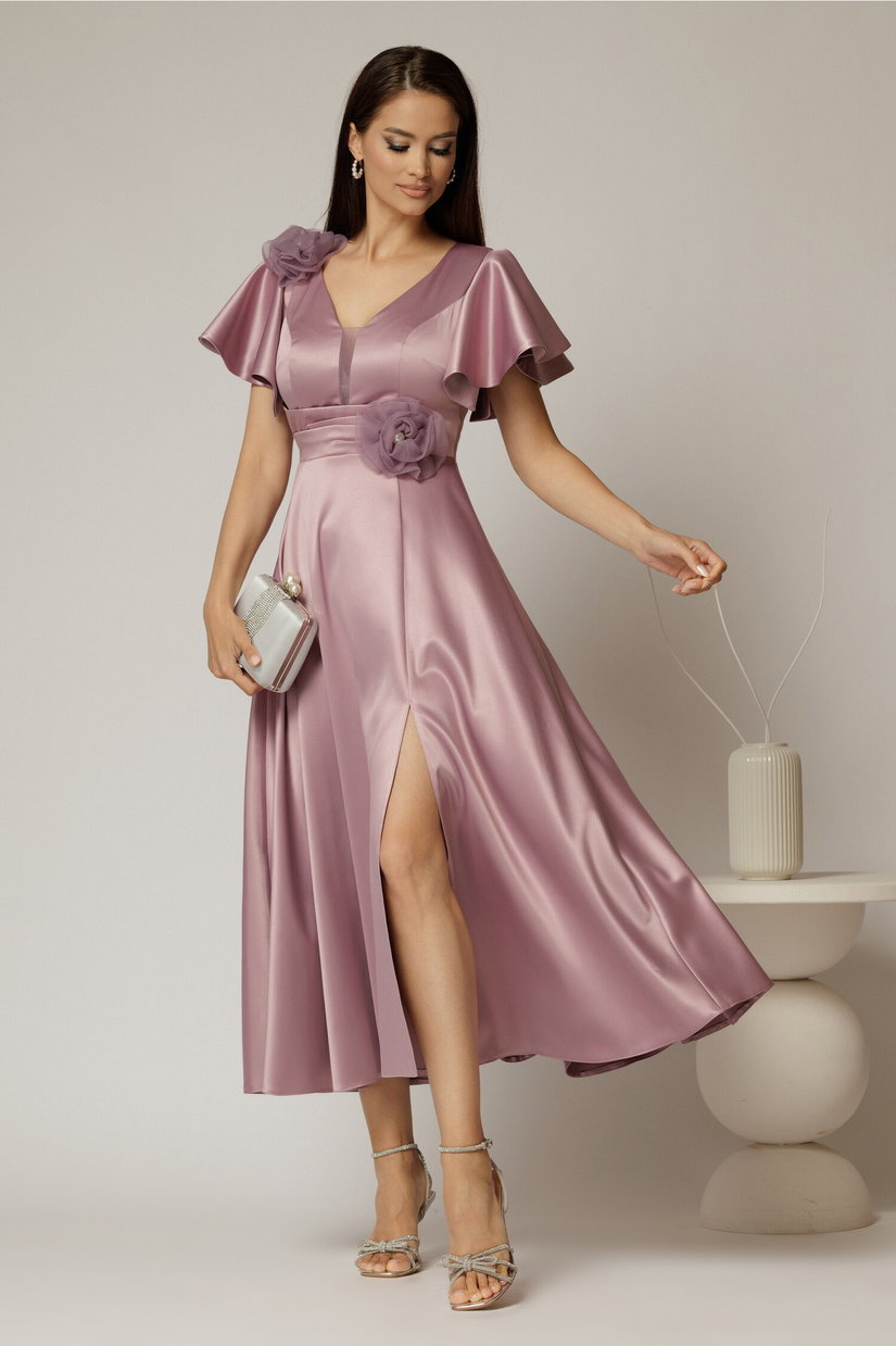 Rochie midi lila de ocazie din tafta cu maneci evazate si decolteu adanc