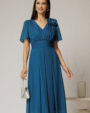 Rochie midi albastru petrol din voal cu fir lurex si floare la umar