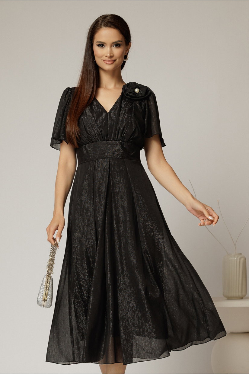Rochie midi neagra din voal cu fir lurex si floare la umar