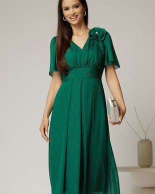 Rochie midi verde din voal cu fir lurex si floare la umar